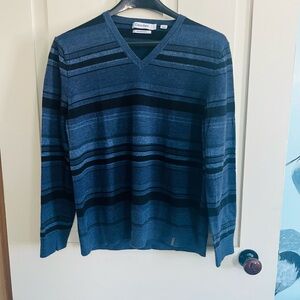 Calvin Klein Men's Blue and Black Striped V-Neck Sweater